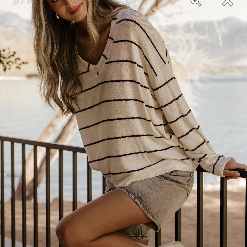 Baltic Born Cream and Black Striped V-Neck Sweater